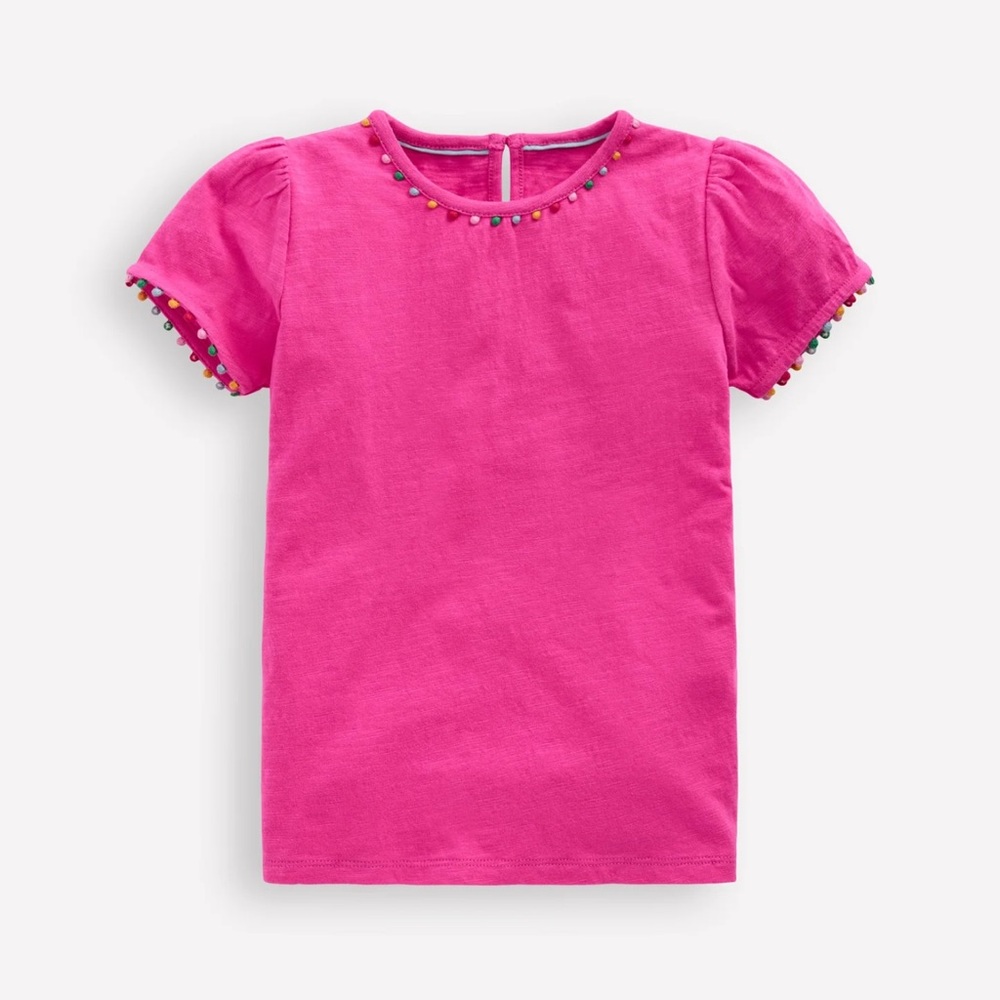 Mini Boden Ali Puff Sleeve Pom T shirt pink 3-4 years
